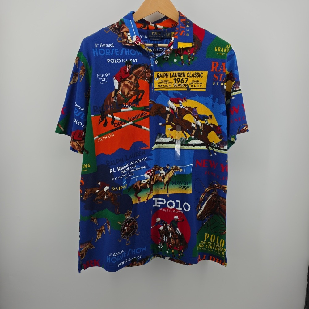 Polo Ralph Lauren Mens Large Horse Show Equestrian Print Polo Shirt Blue NWT